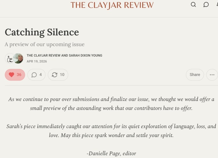 Catching Silence… Featured Over at The Clayjar&nbsp;Review